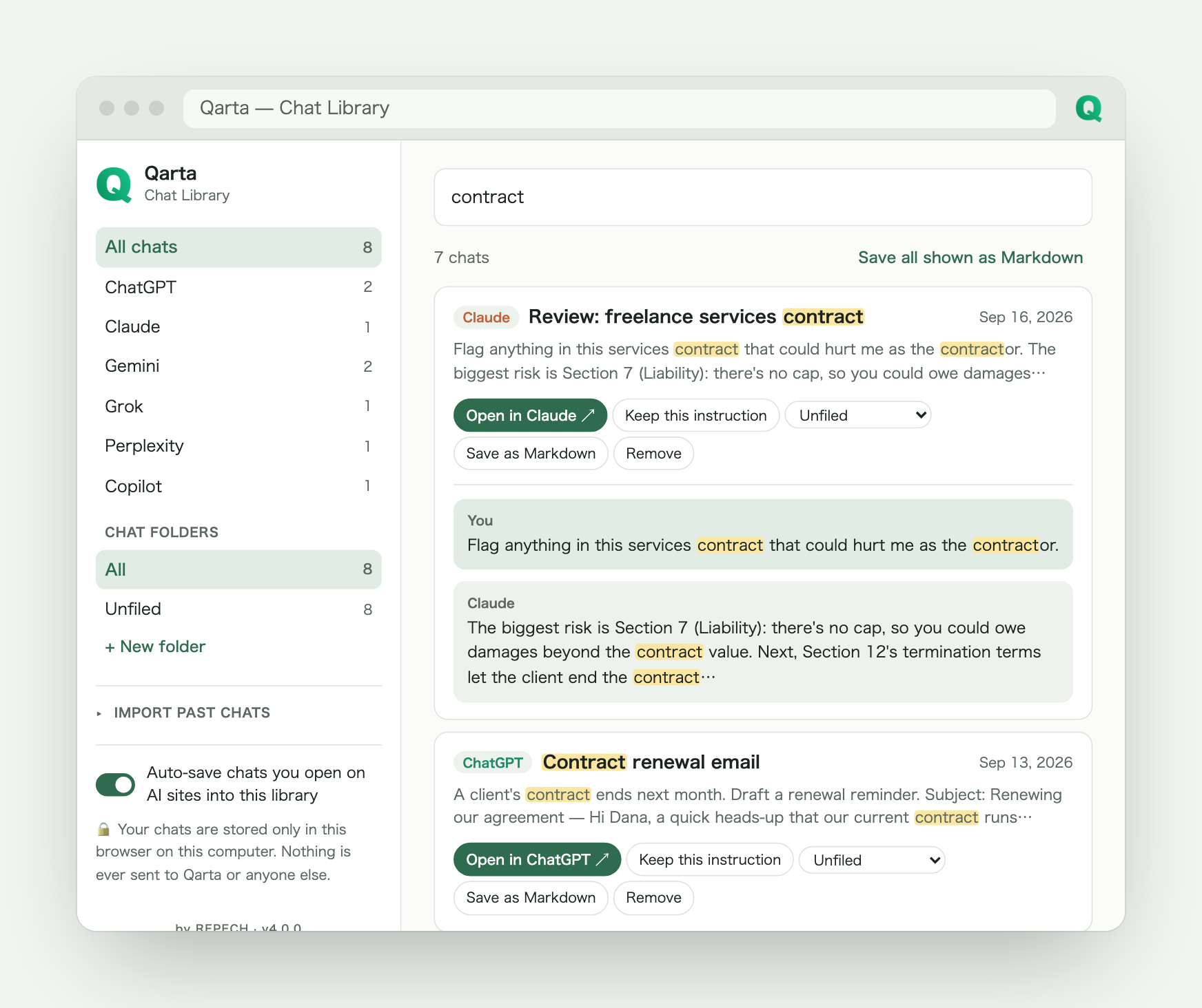 Qarta's chat library searching past conversations from several AI sites