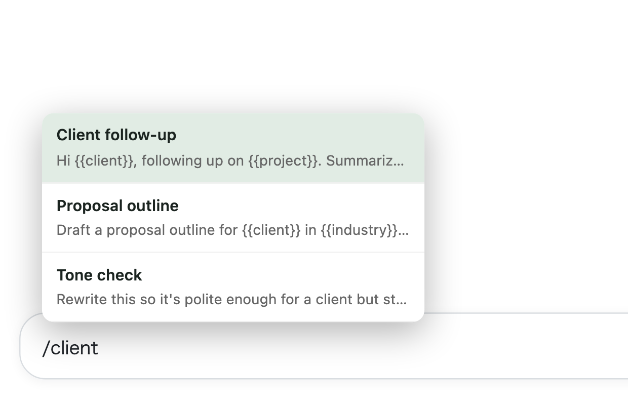 Typing / in an AI chat box opens Qarta's prompt menu